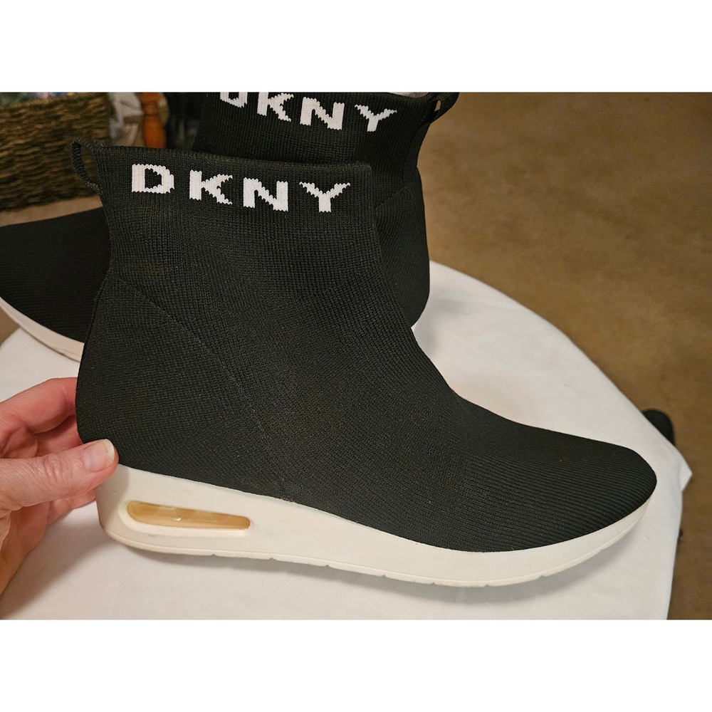 DKNY Maddy Sock Sneaker Booties Womens 11 Black Knit Wedge Logo High Top Shoes - Picture 1 of 8